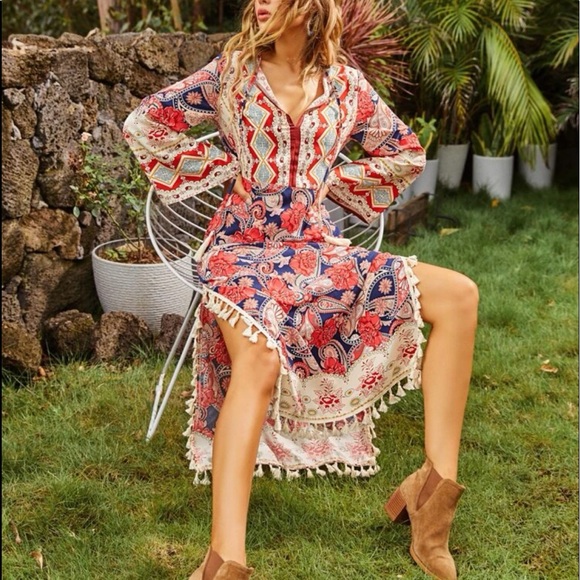 Dresses & Skirts - Boho Floral Paisley Print Slit Maxi Dress